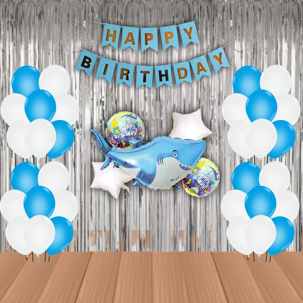 The Magic Balloons Store – Shark Theme Birthday Party Decoration combo kits – Shark Theme Birthday Combo Pack of 38 Pcs, foil 5 pcs Set,1 Happy Birthday banner, 2 Foil Curtains, 30 Balloons-181552