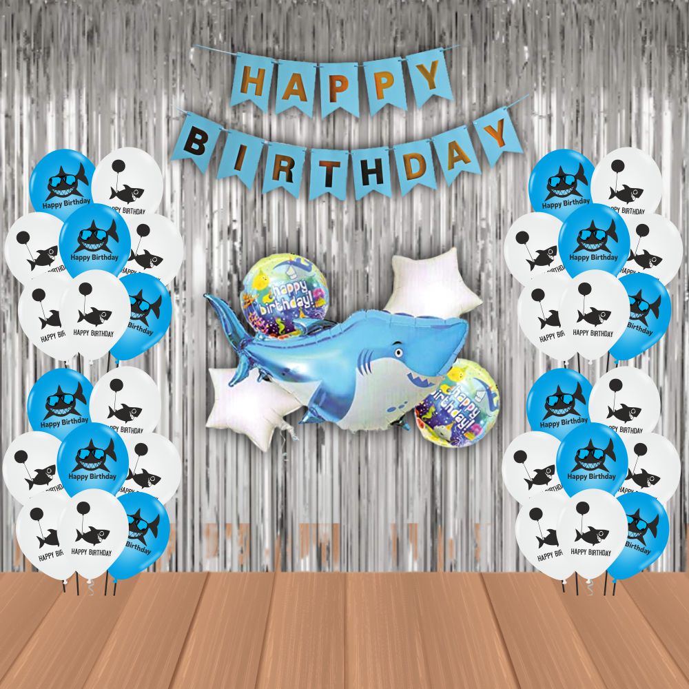 The Magic Balloons Store – Printed Shark Theme Birthday Party Decoration combo kits – Shark Theme Birthday Combo 38 Pcs, foil 5 pcs Set,1 Happy Birthday banner, 2 Foil Curtains, 30 Balloons-181551