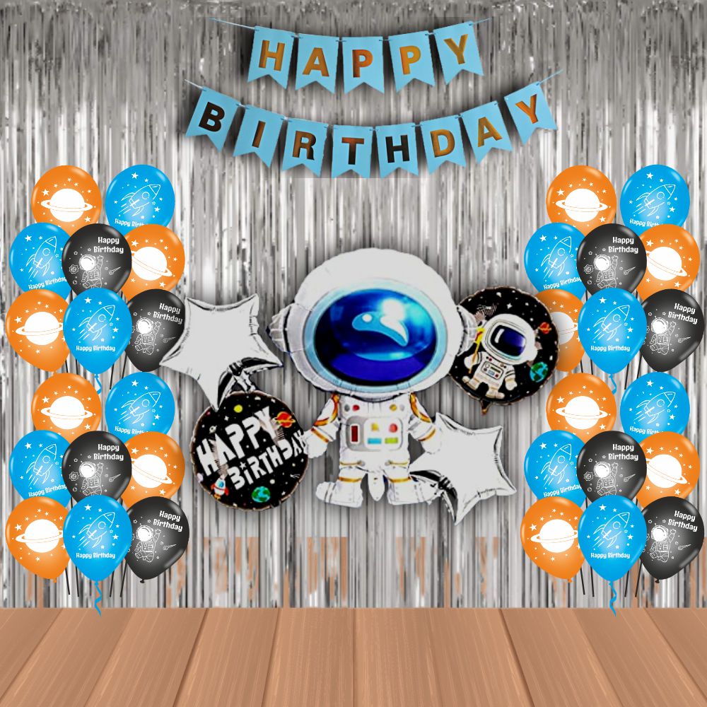The Magic Balloons Store – Printed Astronaut Space Theme Birthday Party Decoration combo kits – Combo Pack of 38 Pcs, foil 5 pcs Set,1 Happy Birthday banner, 2 Foil Curtains, 30 Balloons-181554