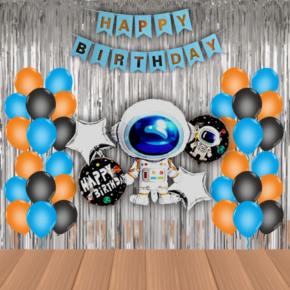 The Magic Balloons Store – Astronaut Space Theme Birthday Party Decoration combo kits – Birthday Combo Pack of 38 Pcs, foil 5 pcs Set,1 Happy Birthday banner, 2 Foil Curtains, 30 Balloons-181553