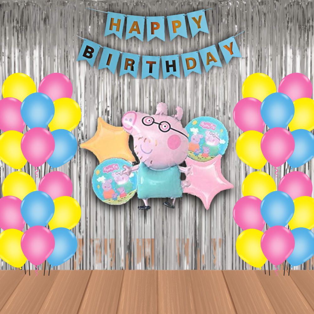 The Magic Balloons- Peppa Pig Birthday Party Decoration combo kit Peppa Pig Foil Balloons Set of 5 pcs,1 Happy Birthday banner, 2 Silver Foil Curtains, 30 Peppa theme color Balloons Pack of 38 pcs