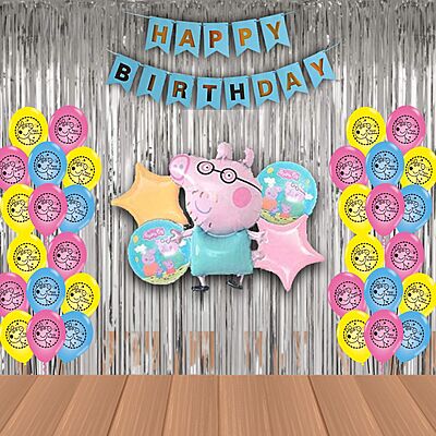 The Magic Balloons- Peppa Pig Birthday Party Decoration combo kit Pack of 38 pcs Peppa Pig Foil Balloons Set of 5 pcs,1 Happy Birthday banner, 2 Silver Foil Curtains, 30 Peppa theme printed Balloons