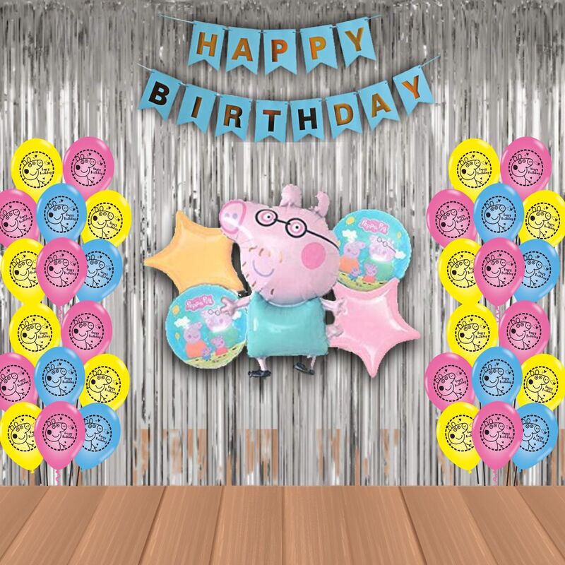 The Magic Balloons- Peppa Pig Birthday Party Decoration combo kit Pack of 38 pcs Peppa Pig Foil Balloons Set of 5 pcs,1 Happy Birthday banner, 2 Silver Foil Curtains, 30 Peppa theme printed Balloons