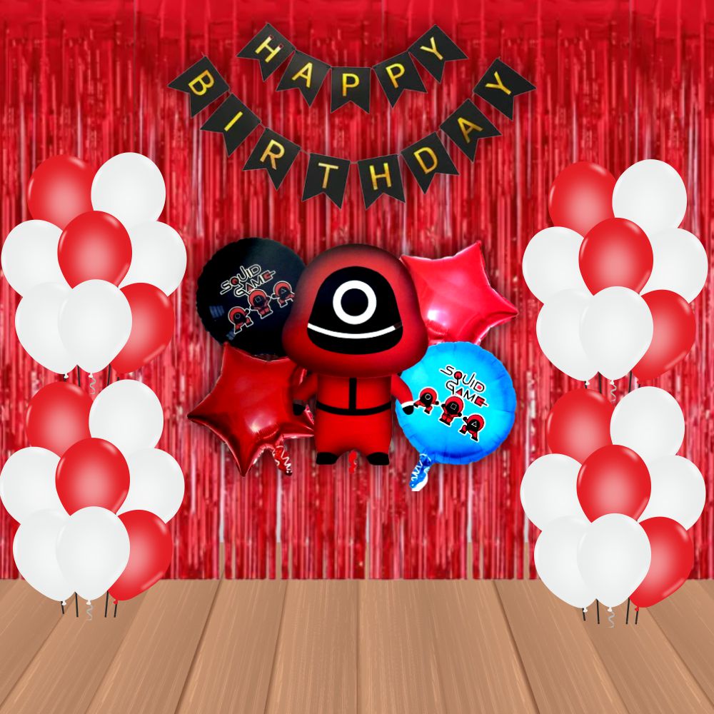The Magic Balloons Store – Squid Birthday Party Theme Decoration combo kits – Combo Pack of 38 Pcs, foil 5 pcs Set,1 Happy Birthday banner, 2 Foil Curtains, 30 Balloons-181592