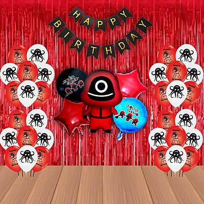 The Magic Balloons Store – Printed Squid Birthday Party Theme Decoration combo kits – Printed Combo Pack of 38 Pcs, foil 5 pcs Set,1 Happy Birthday banner, 2 Foil Curtains, 30 Balloons-181590