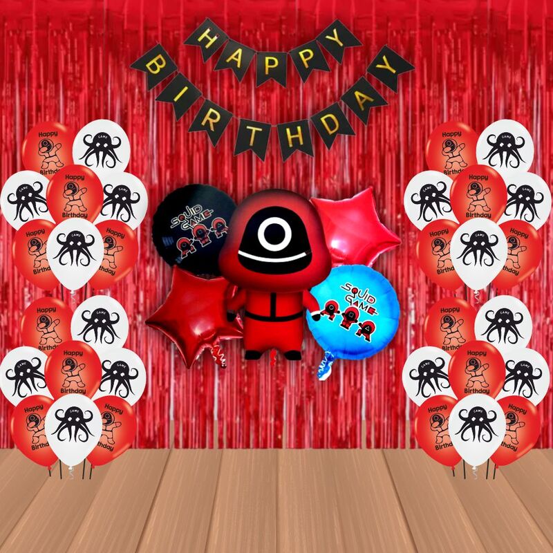 The Magic Balloons Store – Printed Squid Birthday Party Theme Decoration combo kits – Printed Combo Pack of 38 Pcs, foil 5 pcs Set,1 Happy Birthday banner, 2 Foil Curtains, 30 Balloons-181590
