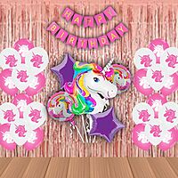 The Magic Balloons- Printed Unicorn Theme Party Decoration Combo Kit for Theme Party, Happy Birthday Decoration Combo 38 pcs, Foil 5 pcs set, 2 Foil Curtain 1 Banner and 30 Balloons- 181573