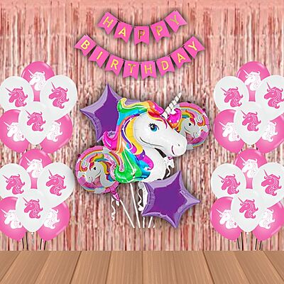 The Magic Balloons- Printed Unicorn Theme Party Decoration Combo Kit for Theme Party, Happy Birthday Decoration Combo 38 pcs, Foil 5 pcs set, 2 Foil Curtain 1 Banner and 30 Balloons- 181573