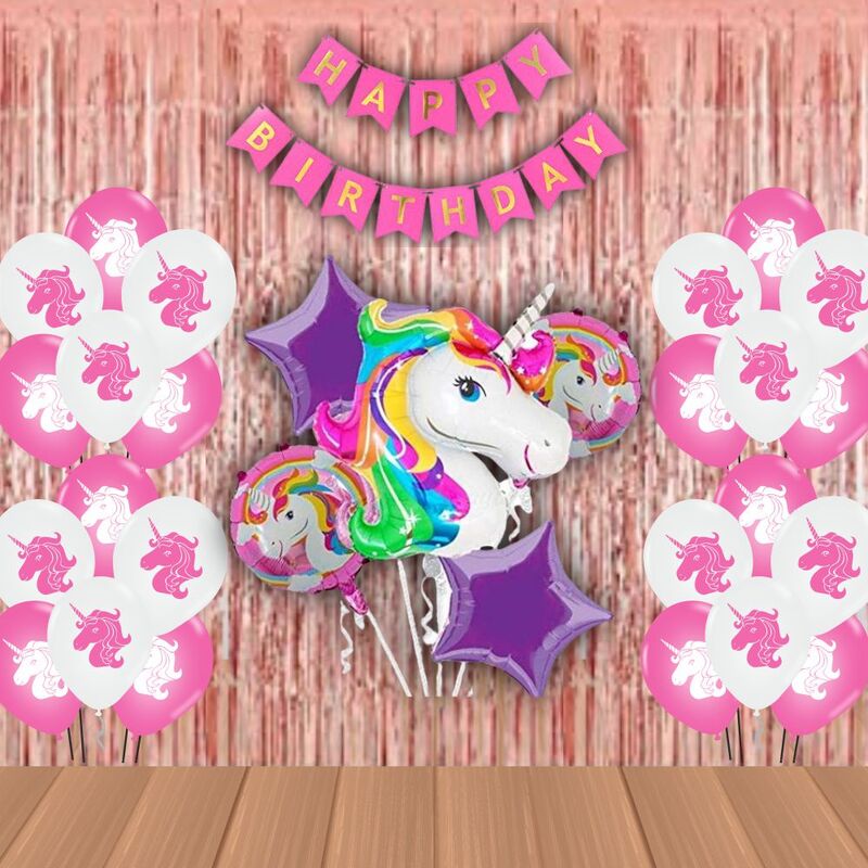 The Magic Balloons- Printed Unicorn Theme Party Decoration Combo Kit for Theme Party, Happy Birthday Decoration Combo 38 pcs, Foil 5 pcs set, 2 Foil Curtain 1 Banner and 30 Balloons- 181573