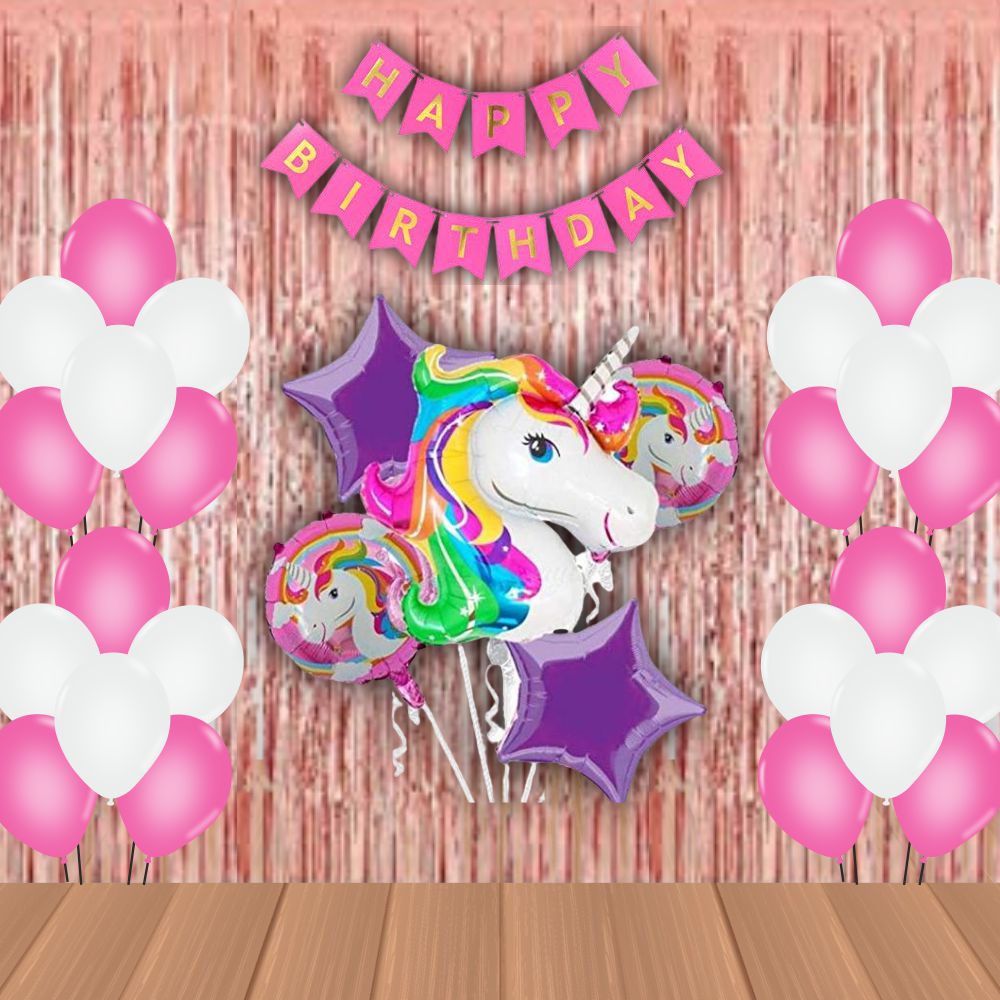The Magic Balloons Store- Unicorn Theme Party Decoration Combo Kit for Theme Party, Birthday, House Party Decoration Combo 38 pcs, Foil 5 pcs set, 2 Foil Curtain 1 Banner and 30 Balloons- 181570