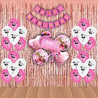 The Magic Balloons- Printed Flamingo Theme Party Decoration Combo Kit for Theme Party, Birthday, House Party Decoration Combo 38 pcs, Foil 5 pcs set, 2 Foil Curtain 1 Banner and 30 Balloons-