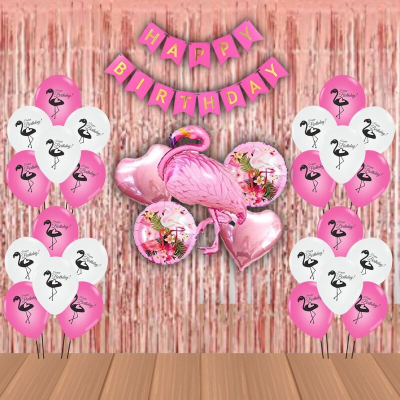The Magic Balloons- Printed Flamingo Theme Party Decoration Combo Kit for Theme Party, Birthday, House Party Decoration Combo 38 pcs, Foil 5 pcs set, 2 Foil Curtain 1 Banner and 30 Balloons-