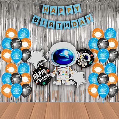 The Magic Balloons Store – Printed Space Theme Birthday Party Decoration Combo Kits – Combo Pack Of 38 Pcs, Foil 5 pcs Set,1 Happy Birthday Banner, 2 Foil Curtains, 30 Balloons-181595