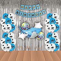 The Magic Balloons Store – Printed Baby Shark Theme Birthday Party Decoration Combo Kits – Combo Pack Of 38 Pcs, Foil 5pcs Set,1 Happy Birthday Banner, 2 Foil Curtains, 30 Balloons-181598