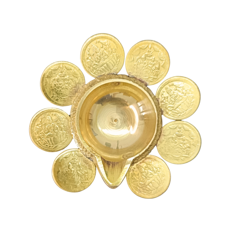 Pure Brass 8 coin Lakshmi Kubera Vilakku | Handcrafted Tamil Nadu Artisans | Prosperity Pooja Lamp – 43 g