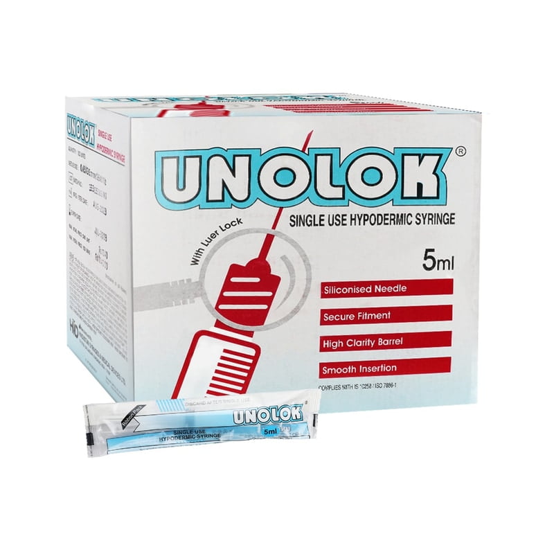 HMD Unolok Syringe 5ml 24G x 1 Inch Needle | Sterile Luer Lock Disposable Syringe | Box of 100