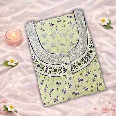 Lemon Yellow Cotton Pleated Nighty With Floral Design From Libas Loungewear - PLT278