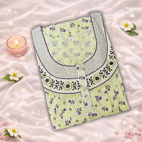 Lemon Yellow Cotton Pleated Nighty With Floral Design From Libas Loungewear - PLT278