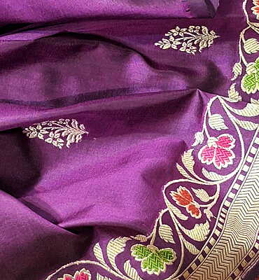 Deep Aubergine Kadwa Banarasi Saree in Pure Katan Silk with Zari, Meenakari & Kadwa Buta Border