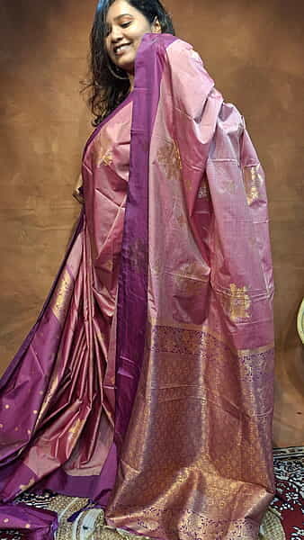 Pink Semi Silk Banarasi Saree with Purple Border & Gold Zari Buta