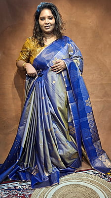 Steel Blue Semi Silk Banarasi Saree with Rani Pink Border & Gold Zari Buta