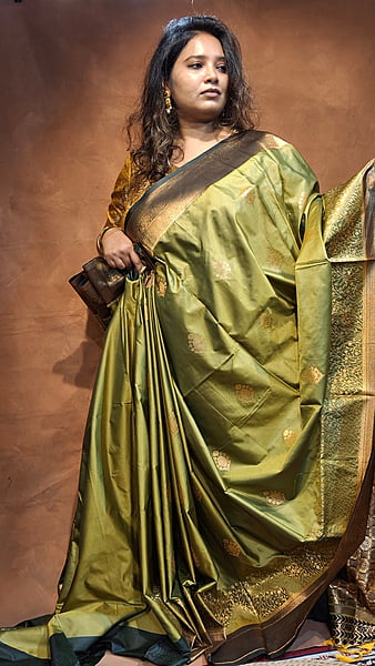 Olive Green Semi Silk Banarasi Saree with Dark Green Border & Gold Zari Buta