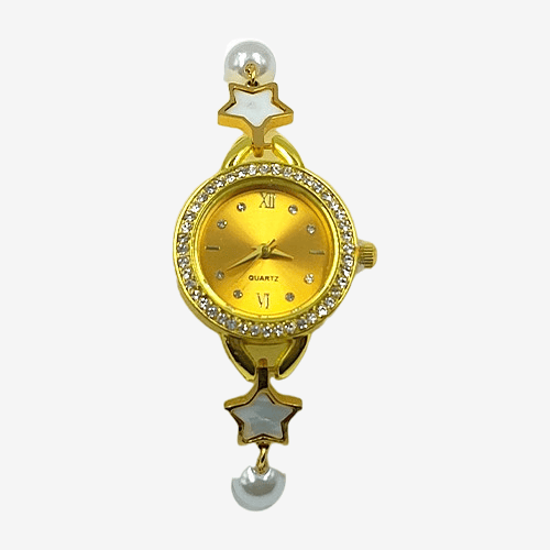 Gold Star & Pearl Charm Bracelet Watch for Women | Quartz