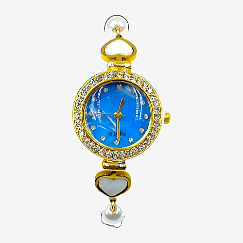 Elegant Blue Dial Pearl Bracelet Watch for Women - Gold Tone
