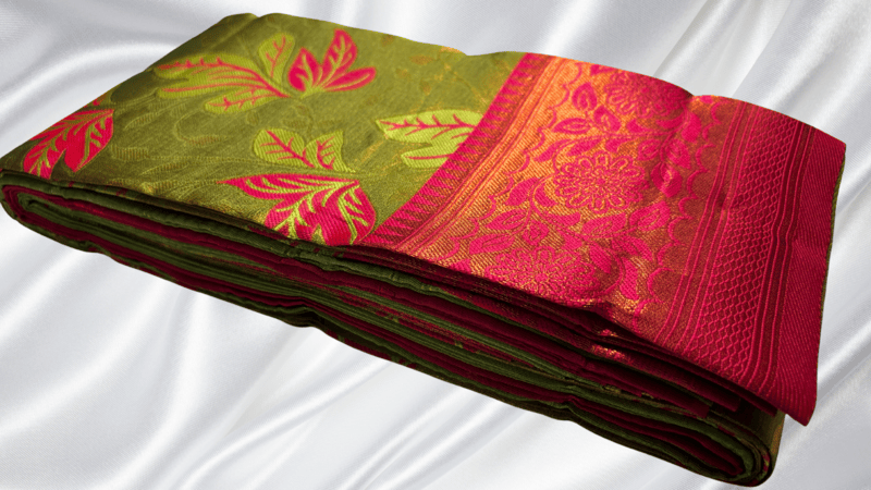 Kubera Pattu Copper Jari Saree - Leaf Green & Rani Pink