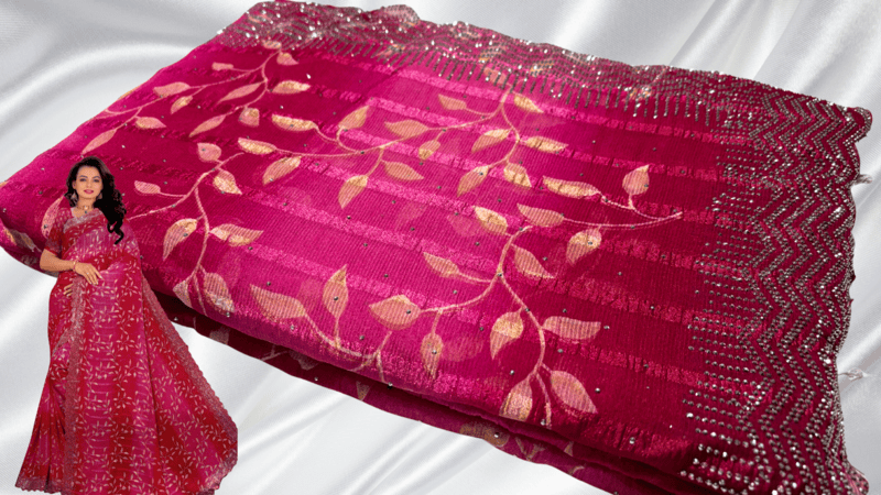 Grand Stone Popcorn Leaf Saree - Rose Pink