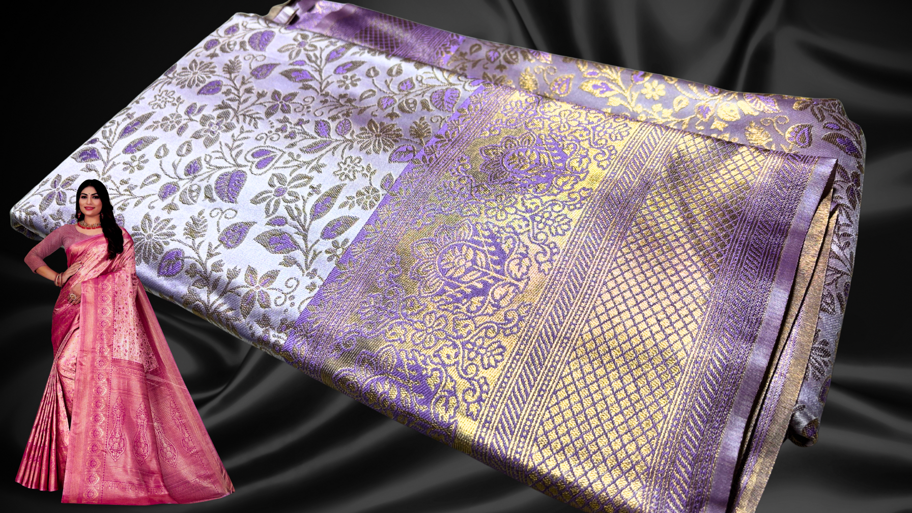 Exclusive Safari Gold Floral Silk Saree - Lavendar