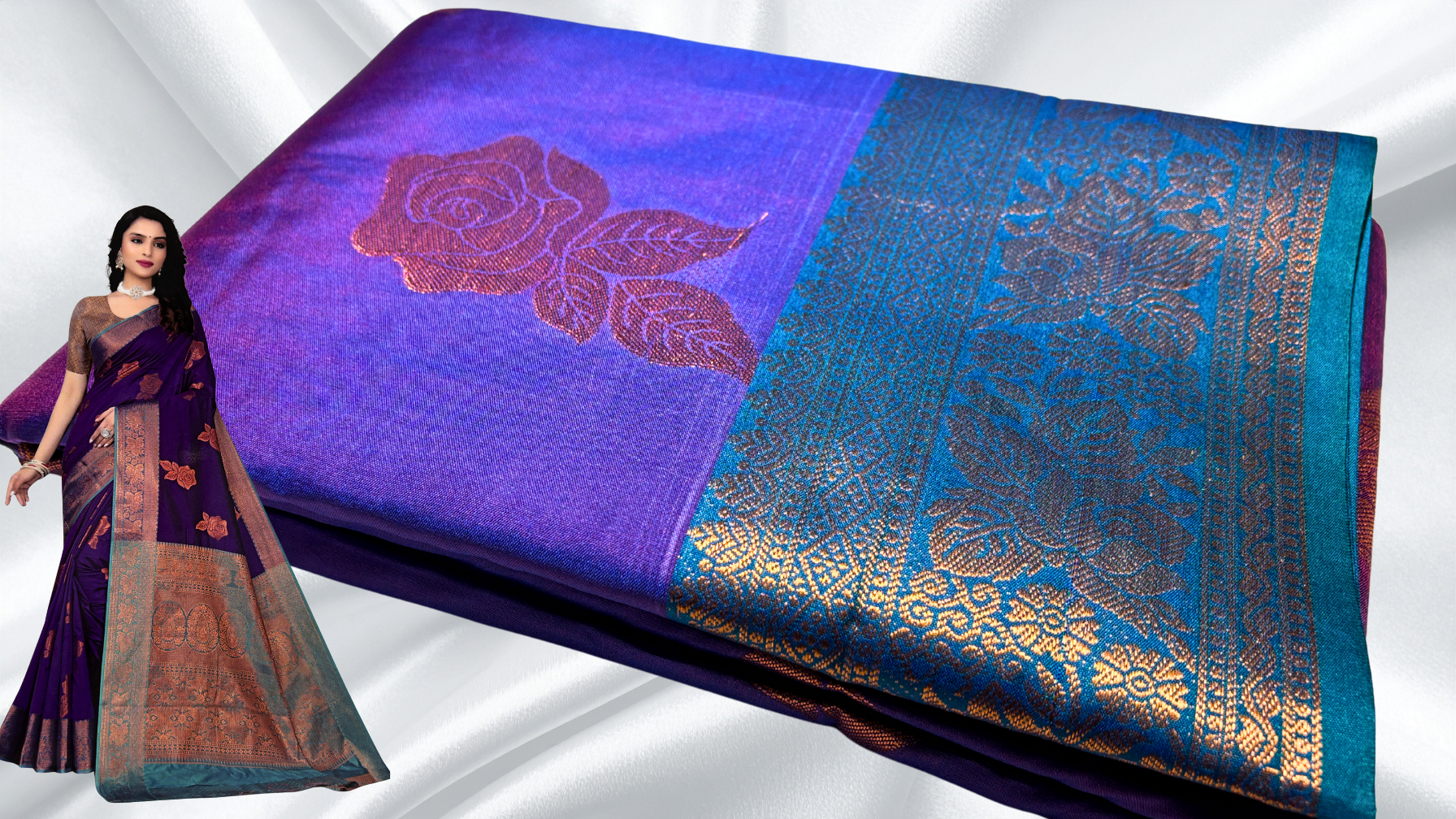 Gulabo Floral Pattu Saree - Purple Blue Gulabo Floral Pattu Saree - Purple Blue