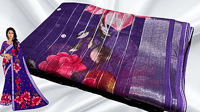 Femina Linen Cotton Floral Saree - Dark Purple