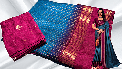Reena Check Silk Gold Jari Saree - Blue & Rani Pink