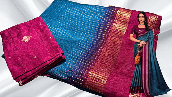 Reena Check Silk Gold Jari Saree - Blue & Rani Pink