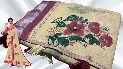 Linen Aari Work Sandal Saree - Plum