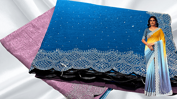 Crunchy Siroski Dual Color Saree - Onion & Blue