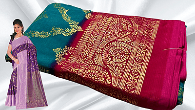 Necklace Goild Foil Dual Color Saree - Turquoise & Rani Pink