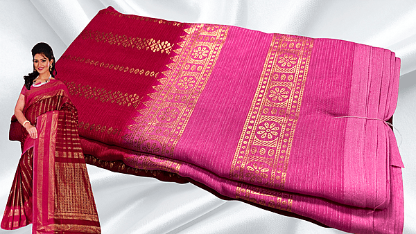 Vairooshi Gold Foil Dual Color Saree - Red Rose