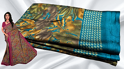 Black Rangoli Distort Floral Saree - Blueish Green