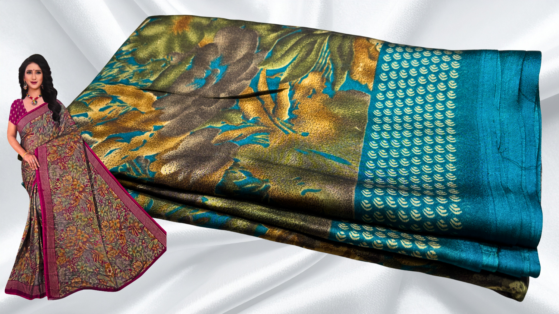 Black Rangoli Distort Floral Saree - Blueish Green