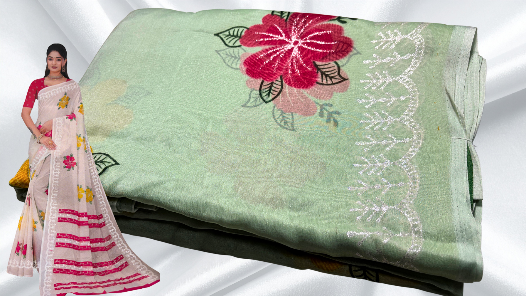 Suchitra Floral Silver Print Saree - Pista