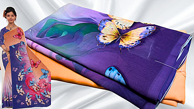 Super Deluxe Vipul Soft Butterfly Saree - Light Orange & Purple