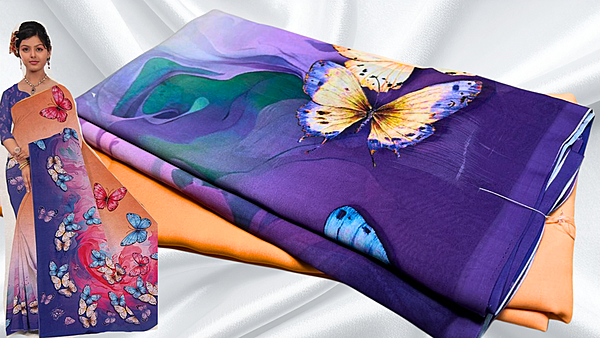 Super Deluxe Vipul Soft Butterfly Saree - Light Orange & Purple