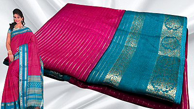 Fine Crep Gold Line Saree - Pink & Turquoise Fine Crep Gold Line Saree - Pink & Turquoise