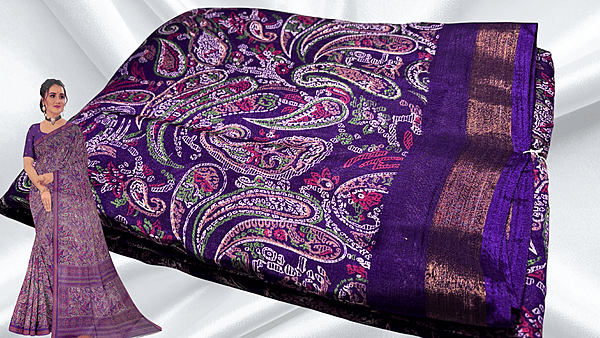 Kashmiri Silk Gold Patta Saree - Violet