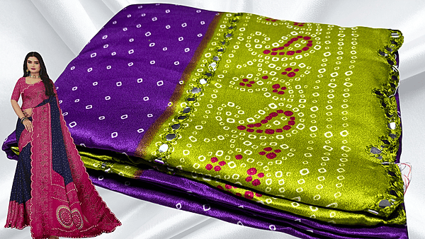 Bandhani Mirror Silk Saree - Violet & Green