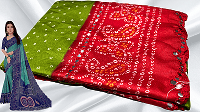 Bandhani Mirror Silk Saree - Leaf & Red