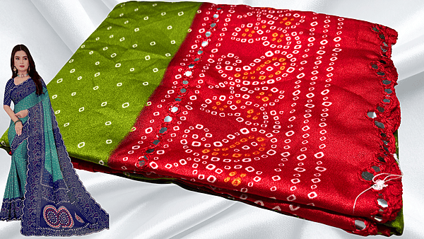 Bandhani Mirror Silk Saree - Leaf & Red