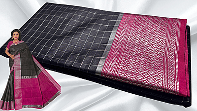 Fancy Jari Checks Silver Saree - Dark Blue & Magenta Fancy Jari Checks Silver Saree - Dark Blue & Magenta